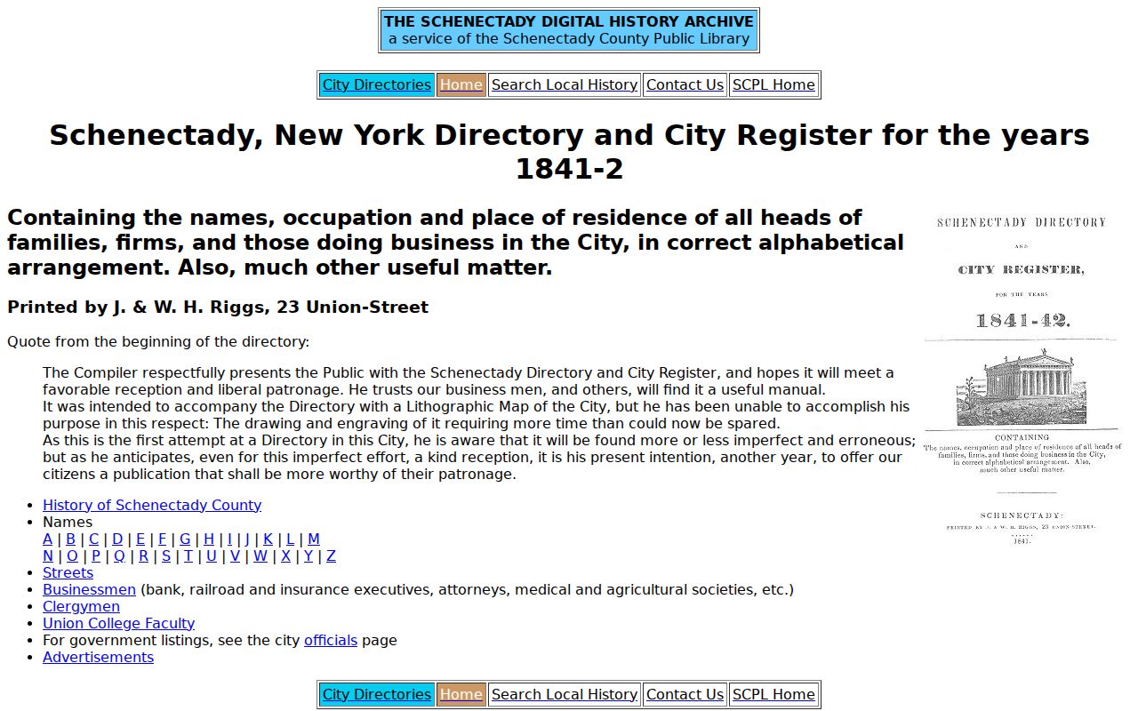Glenville city directory 1841 digitized Schenectady directory title and sections